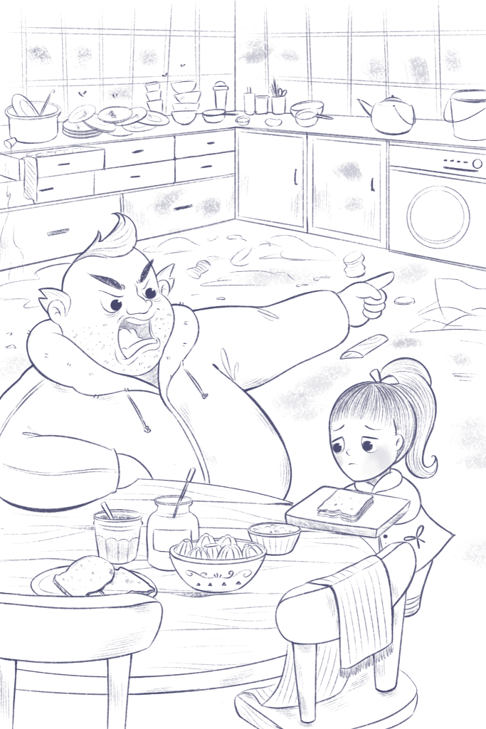 An illustration of a big man yelling at a little girl.