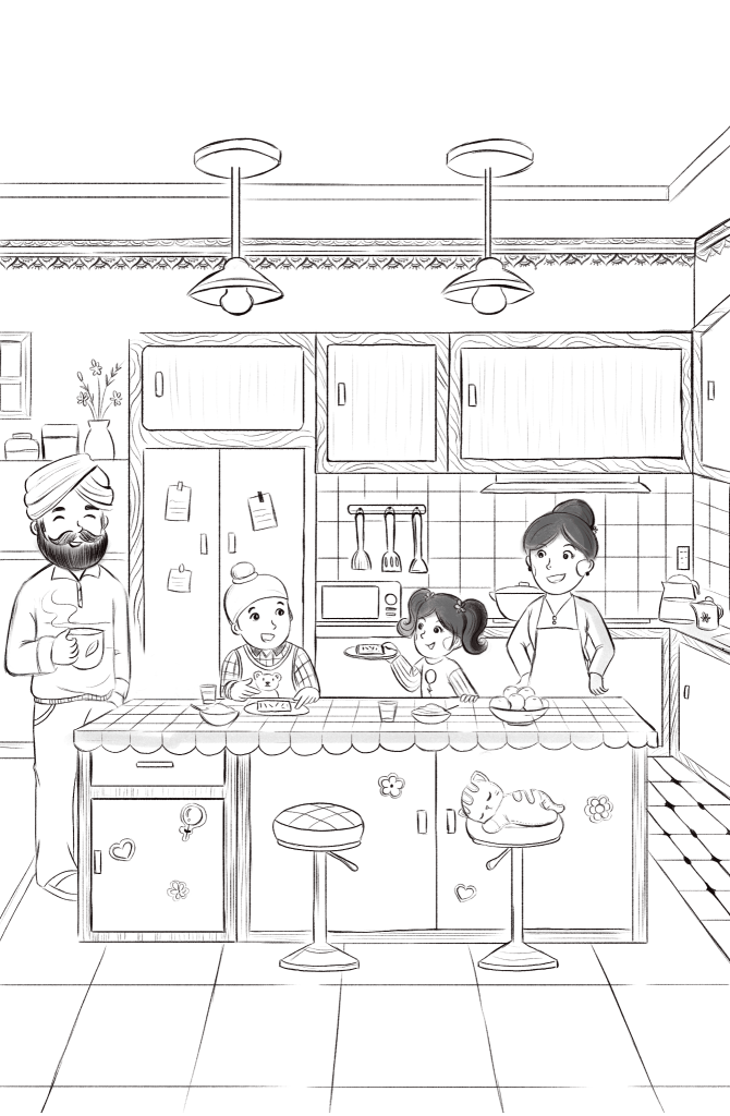 An illustration of a Sikh Punjabi family standing around a kitchen island having breakfast.