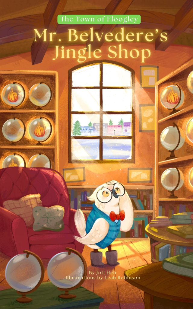An owl wearing a red bowtie and blue vest stands in his Jingle Shop and looks at globes with flames inside of them.