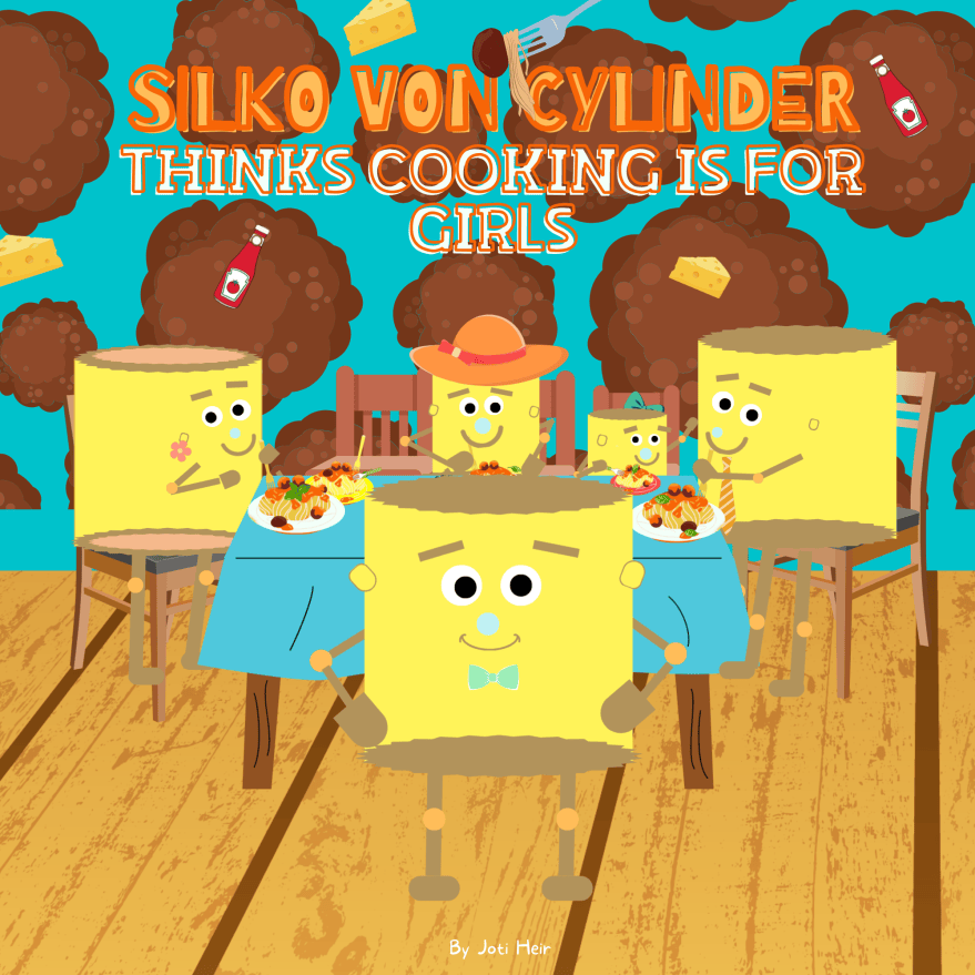 An illustration of Silko Von Cylinder standing in front of his family sitting at the dinner table eating spaghetti and meatballs.