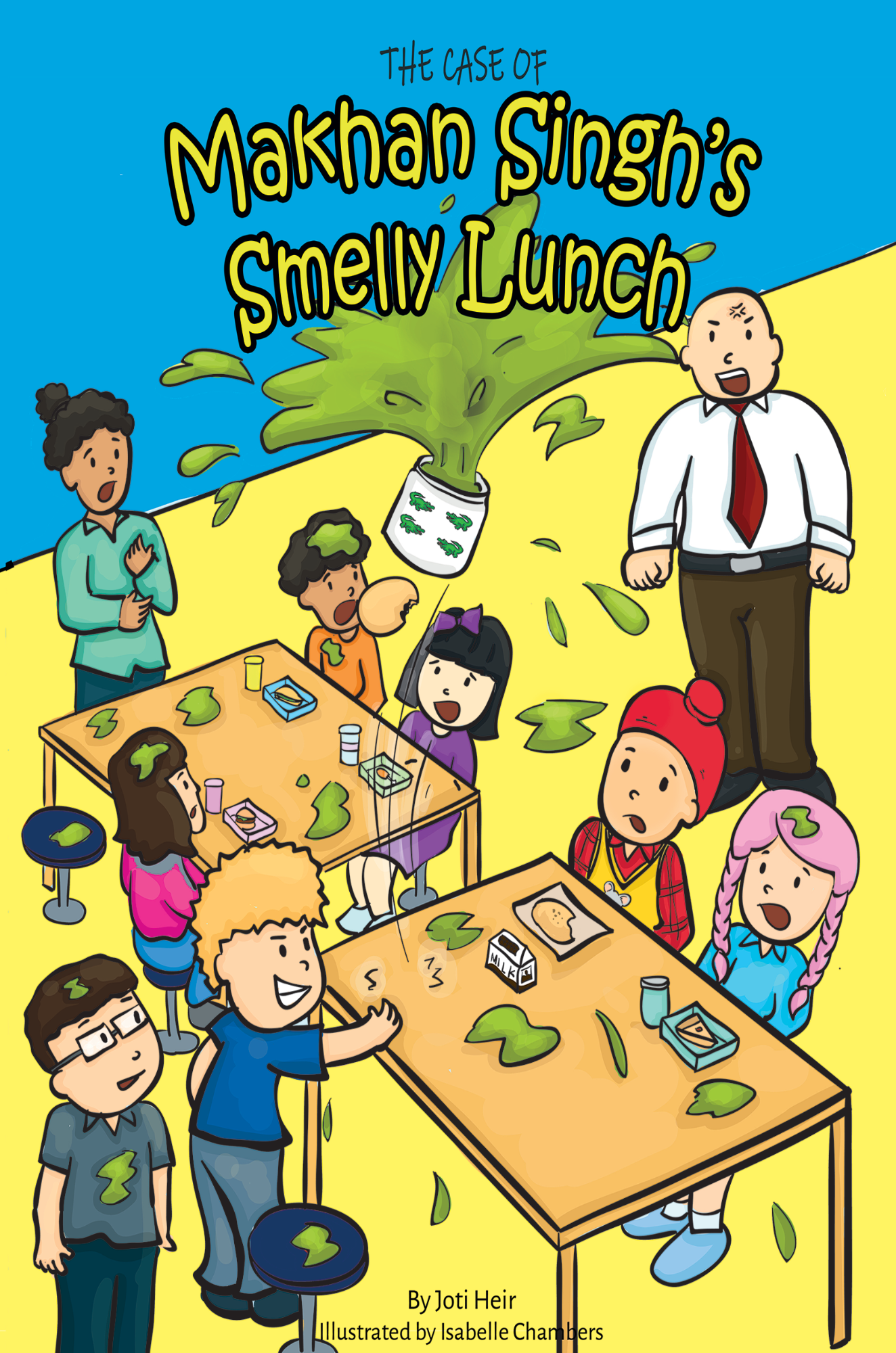 An illustration of children and teachers in a school lunchroom and a jar of something green exploding above them.